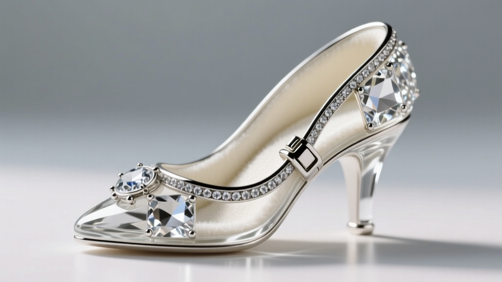 Close-up of glass slipper jewelry box lid showing anti-tarnish microfiber lining and intricate crystal-embellished silver hinges.