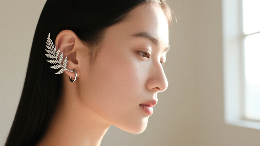 Side profile of a model wearing a 16-gauge titanium fern ear cuff wrapping around the helix, illuminated by soft daylight