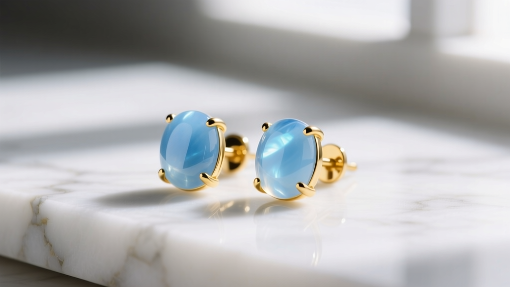 Close-up of translucent sky-blue chalcedony cabochon stud earrings set in brushed 14k yellow gold, resting on a white marble surface.