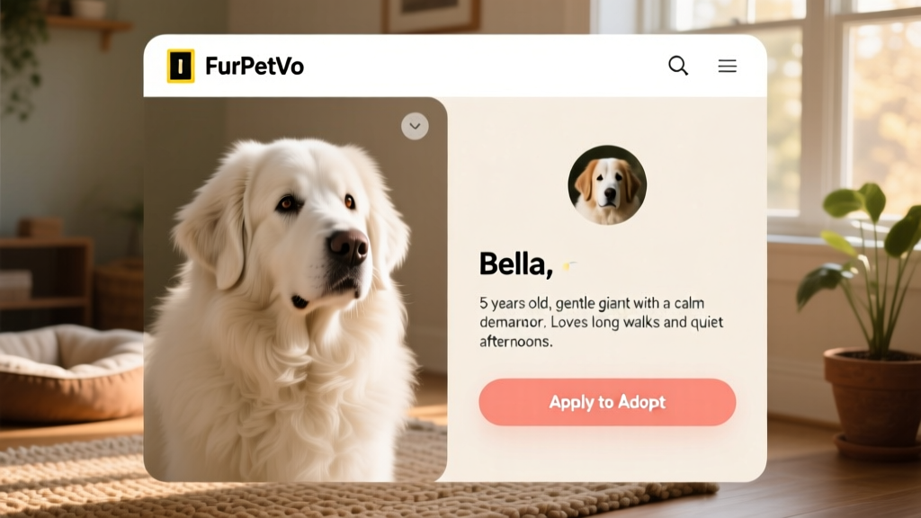 Screenshot-style image showing a well-designed FurPetVo profile page for a Great Pyrenees, with photo, bio section, and 'Apply to Adopt' button