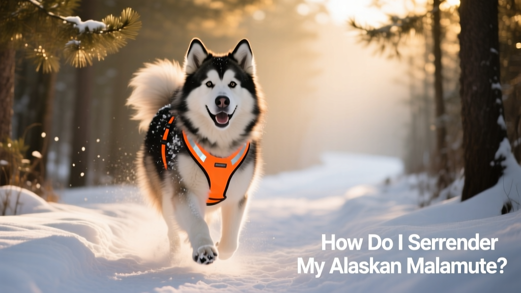 An Alaskan Malamute happily trotting on a snowy trail, wearing a reflective harness