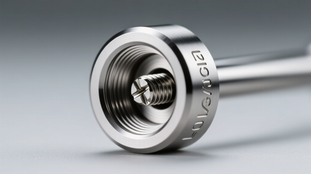 Macro photography showing internal threading mechanism of implant-grade titanium circular barbell, highlighting precision screw fit.
