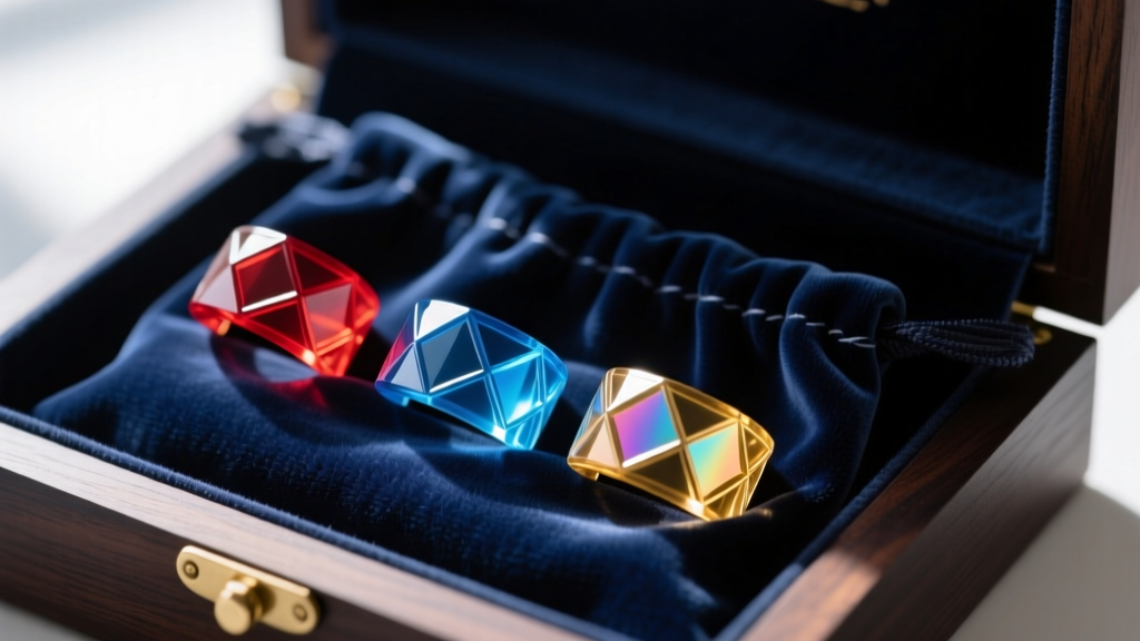 Close-up of 3D printed resin ear cuffs stored in anti-tarnish velvet pouches inside a dark, fabric-lined wooden jewelry box.