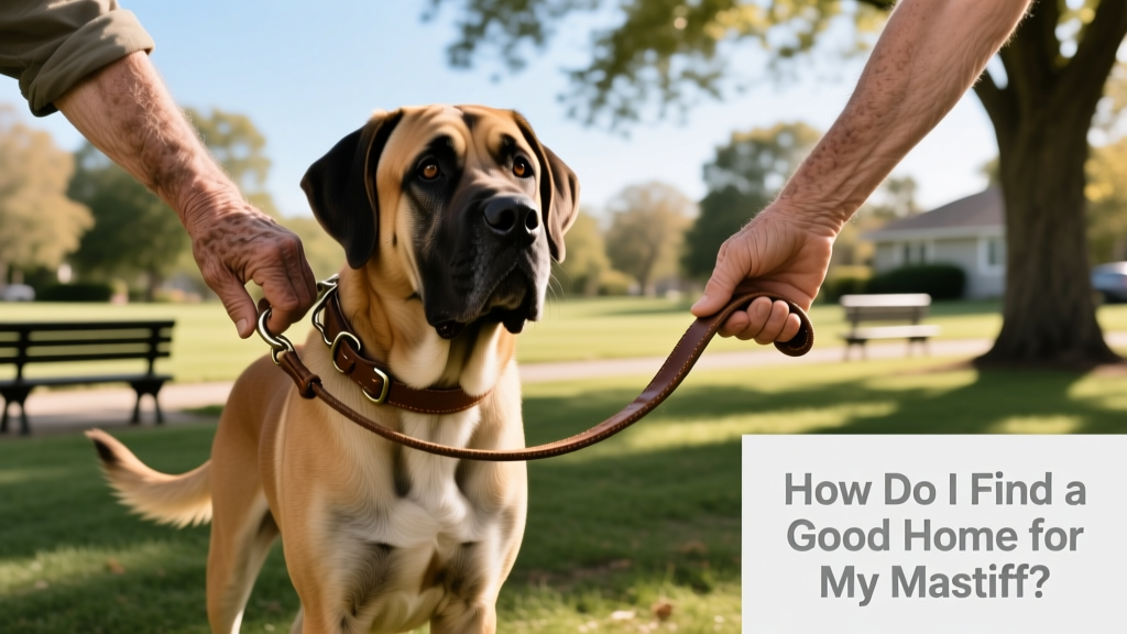 Two hands—one belonging to the original owner, one to the new adopter—gently holding a Mastiff’s leash together during a peaceful handover at a quiet park