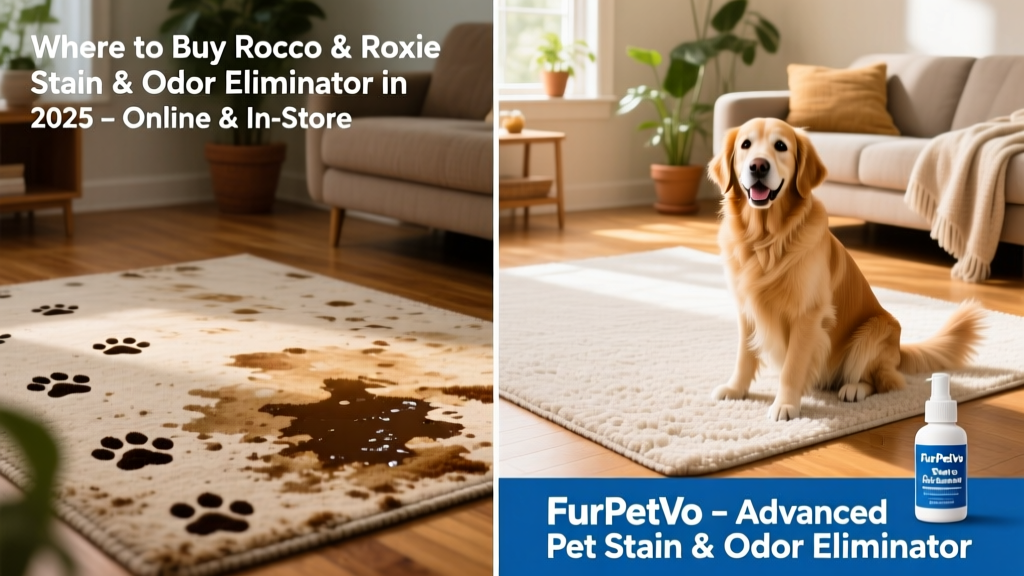 Before-and-after comparison showing stained carpet area cleaned with FurPetVo Stain & Odor Eliminator