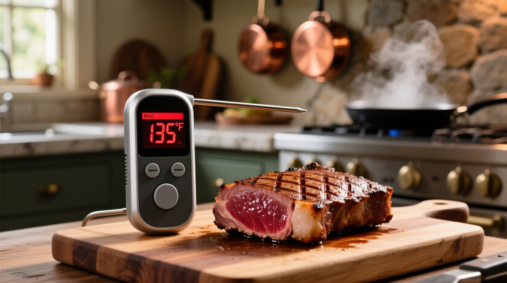 Digital thermometer showing 135 degrees in medium-rare lamb