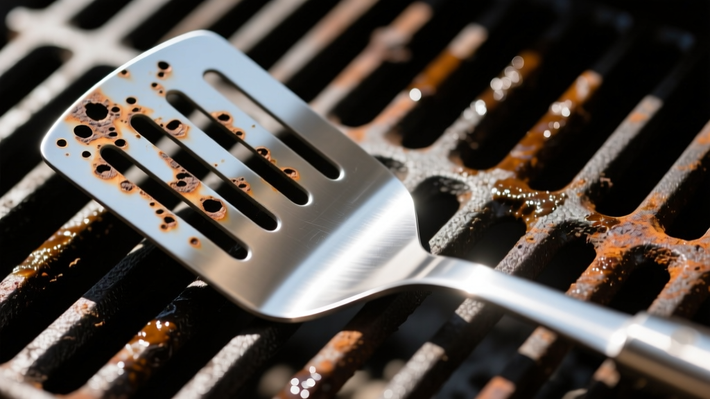 Close-up macro shot of pitted versus polished 430 stainless steel spatula edge resting on a cast iron grill grate