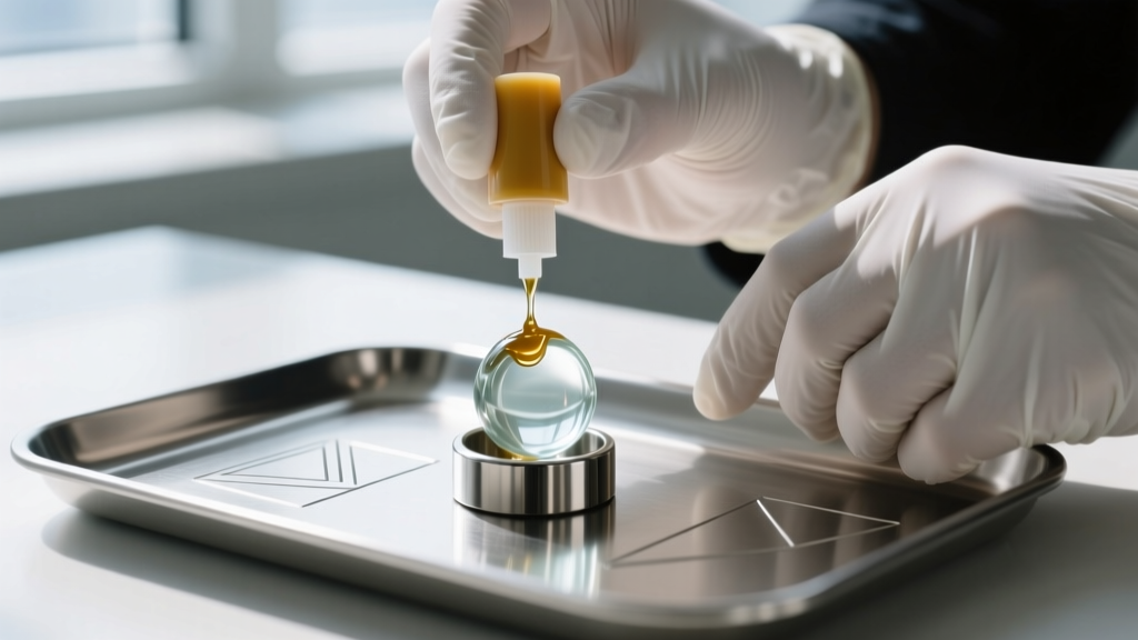 Hands wearing nitrile gloves using two-part epoxy adhesive to secure a glass cabochon into a stainless steel ring base tray.