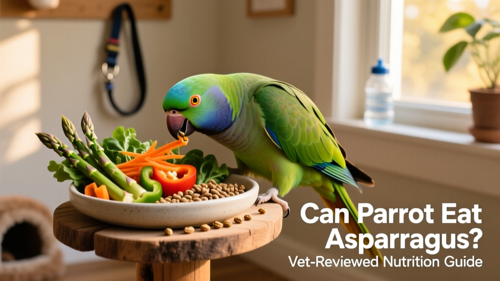 A happy, alert parrot enjoying a mix of colorful vegetables and pellets from a clean ceramic dish