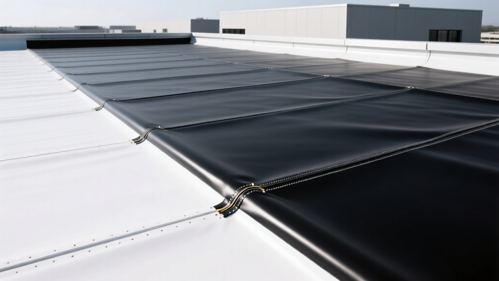 Commercial rooftop installation showing a contrast between black EPDM rubber membrane and white TPO thermoplastic membrane seams being welded