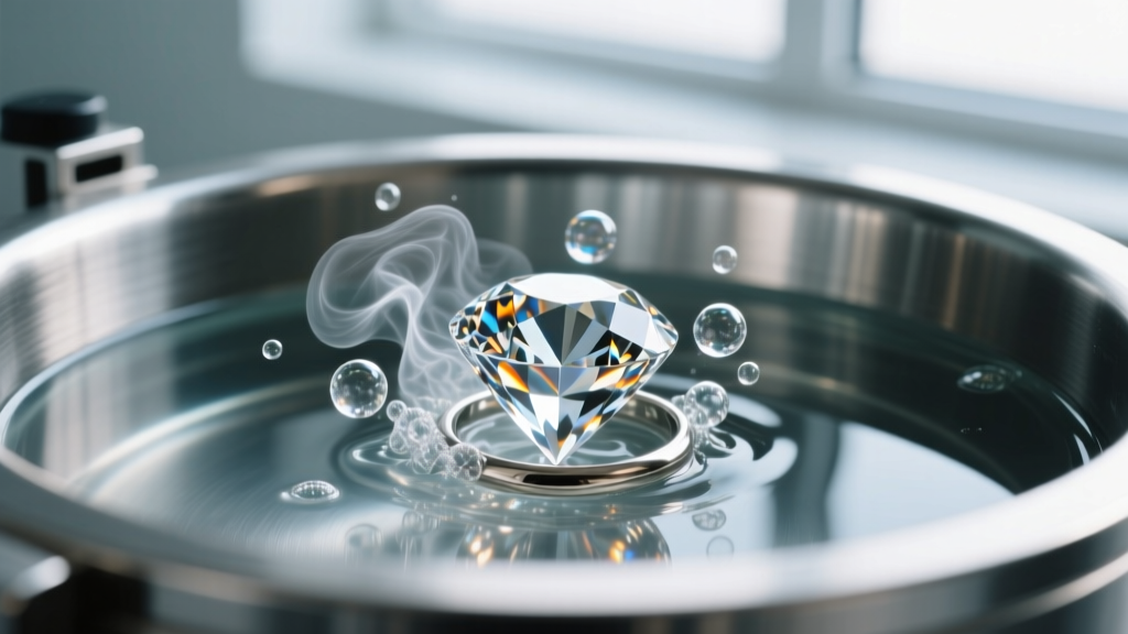 Macro shot of cavitation bubbles around a diamond ring submerged in clear liquid inside a brushed steel ultrasonic cleaning tank.