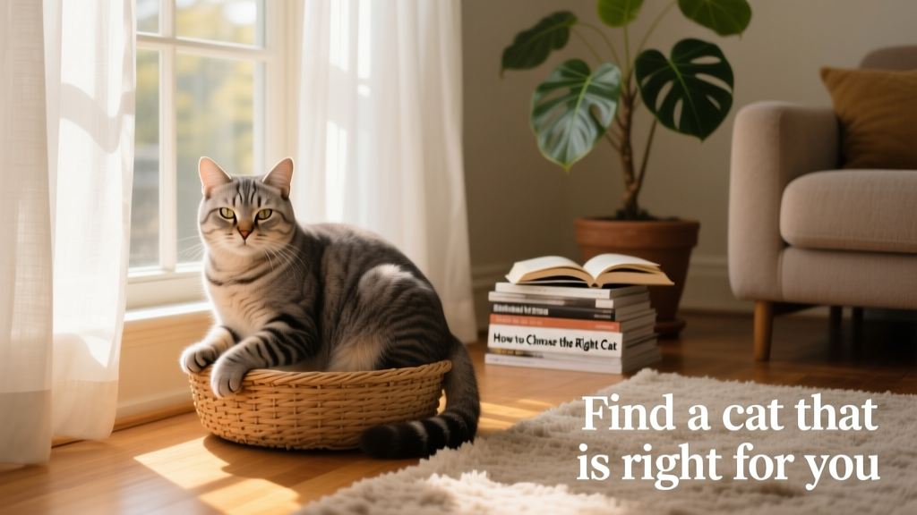 A calm adult cat sitting peacefully beside a sunny window in a cozy living room