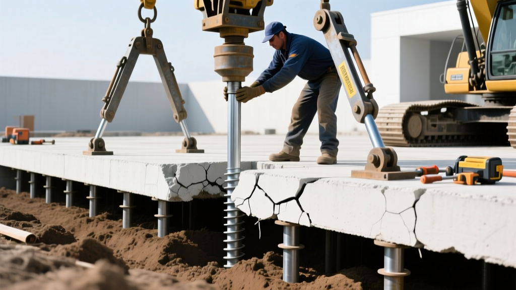 Heavy-duty hydraulic jacks lifting a cracked concrete slab foundation while a technician installs galvanized steel helical piers in the soil