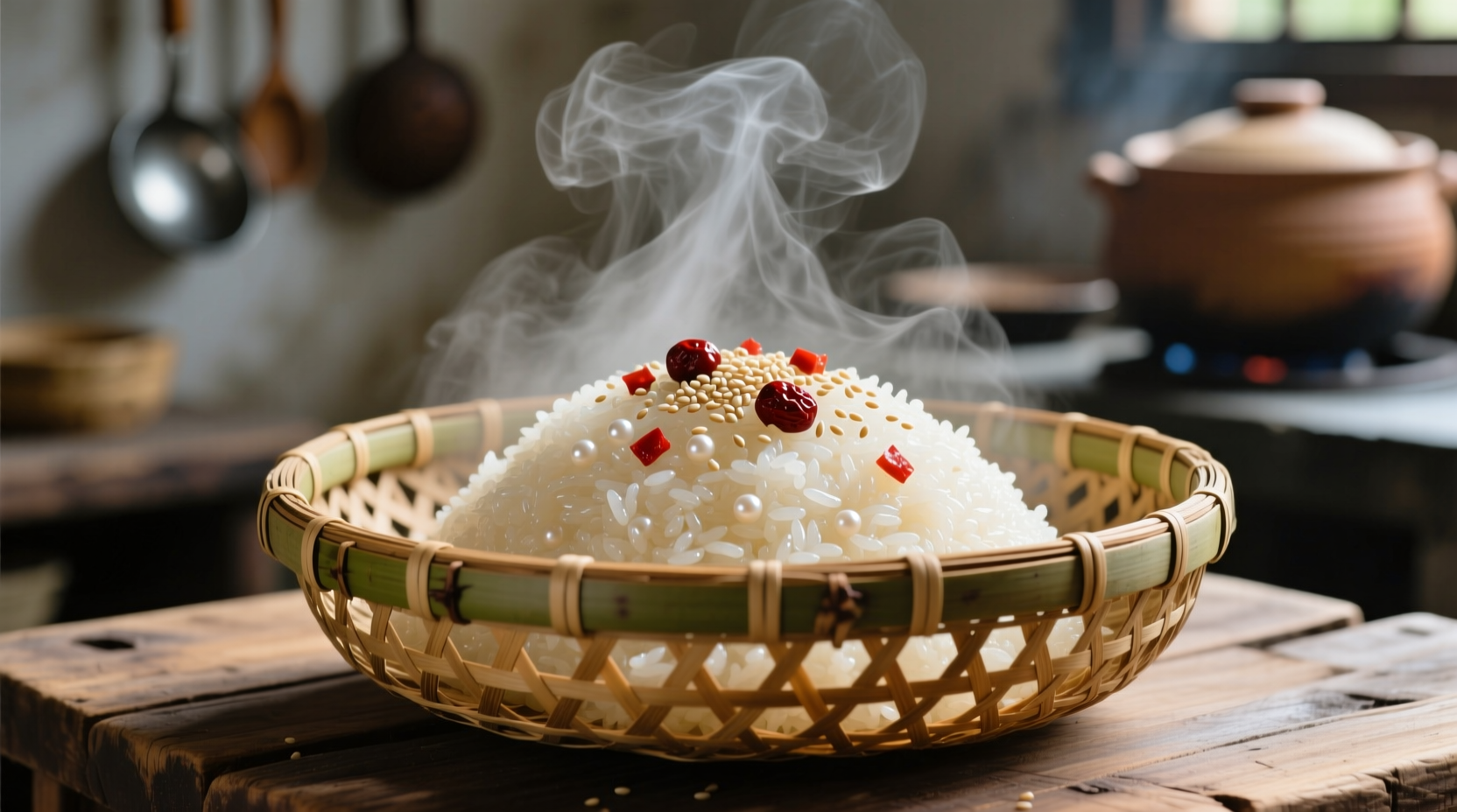 Steaming glutinous rice in bamboo basket