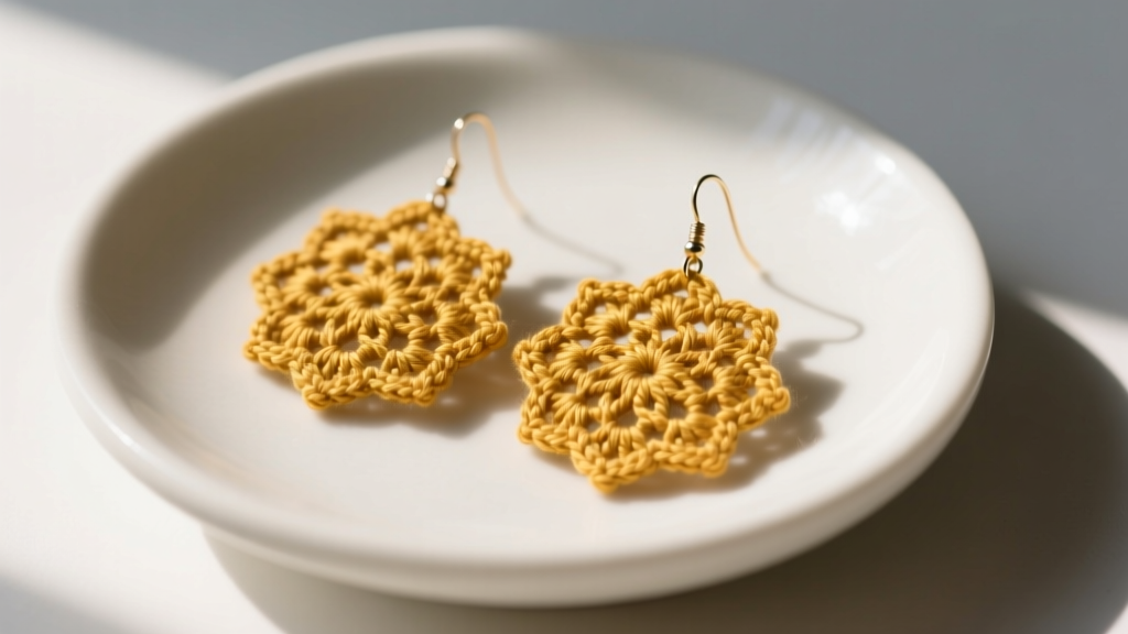 Finished mandala crochet earrings in mustard thread, displayed on a minimalist white ceramic dish with soft, natural shadows.
