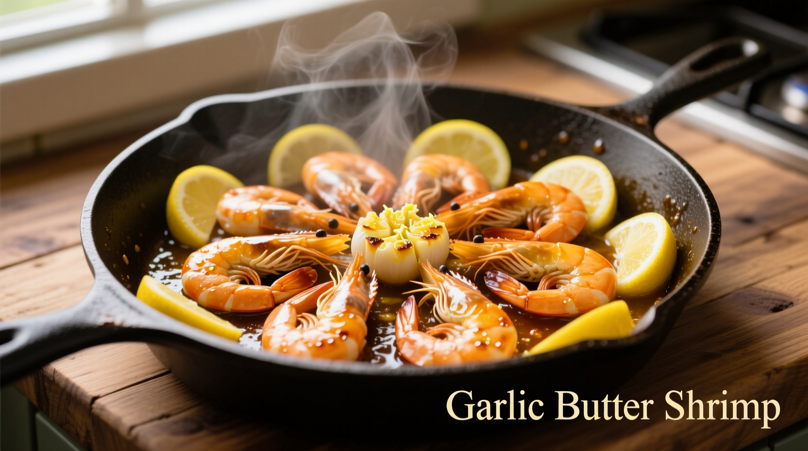 Golden garlic butter shrimp in skillet with lemon slices