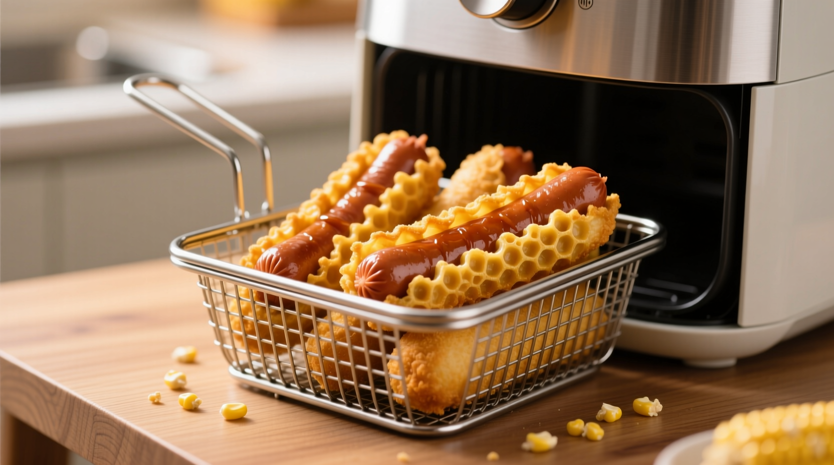 Golden brown corn dogs in air fryer basket