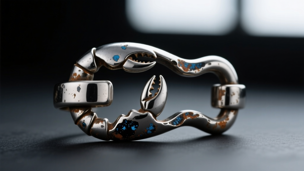 Macro shot of a tarnished zinc alloy jewelry clasp replaced with an 18-gauge oxidized stainless steel lobster clasp on a dark mat