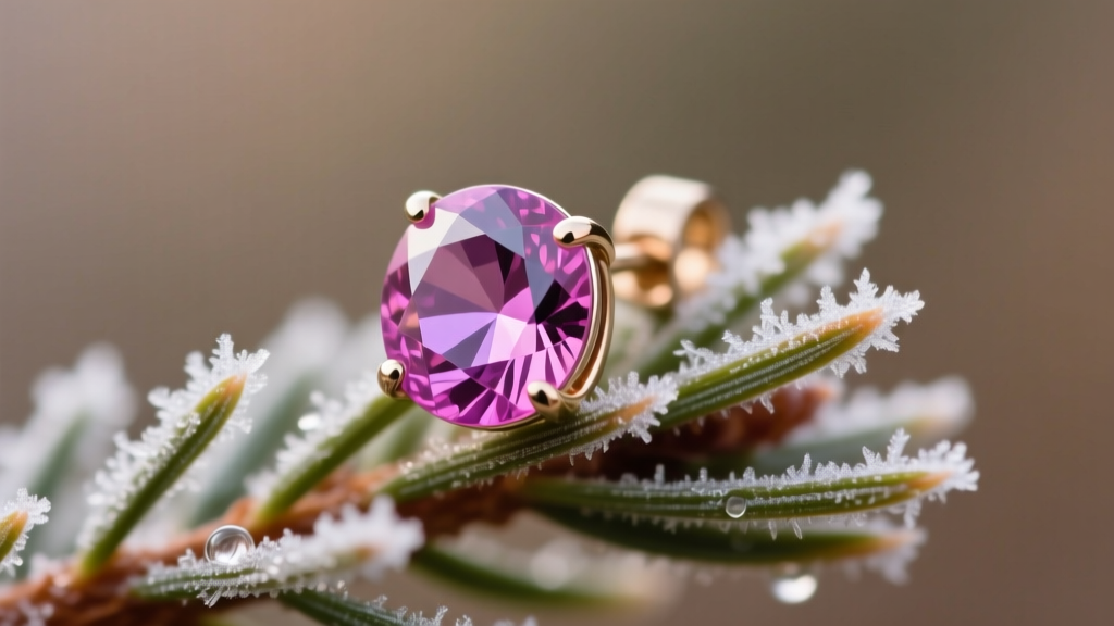 Close-up of an 18-gauge pink sapphire huggie earring on a frosted pine needle, showing the gemstone