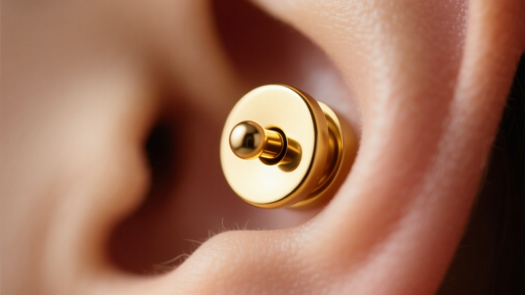 Macro shot of an 18k gold threadless labret in a lobe piercing, showing flush fit against skin under soft warm studio lighting.
