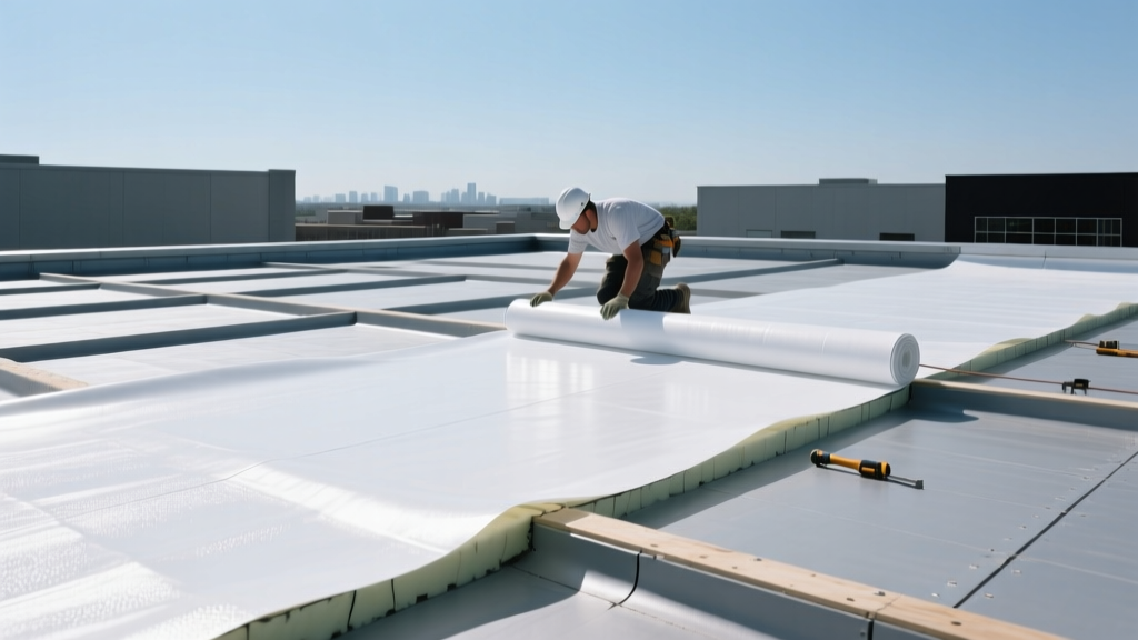 Contractor unrolling a white TPO membrane over rigid polyiso insulation on a flat commercial roof under clear skies