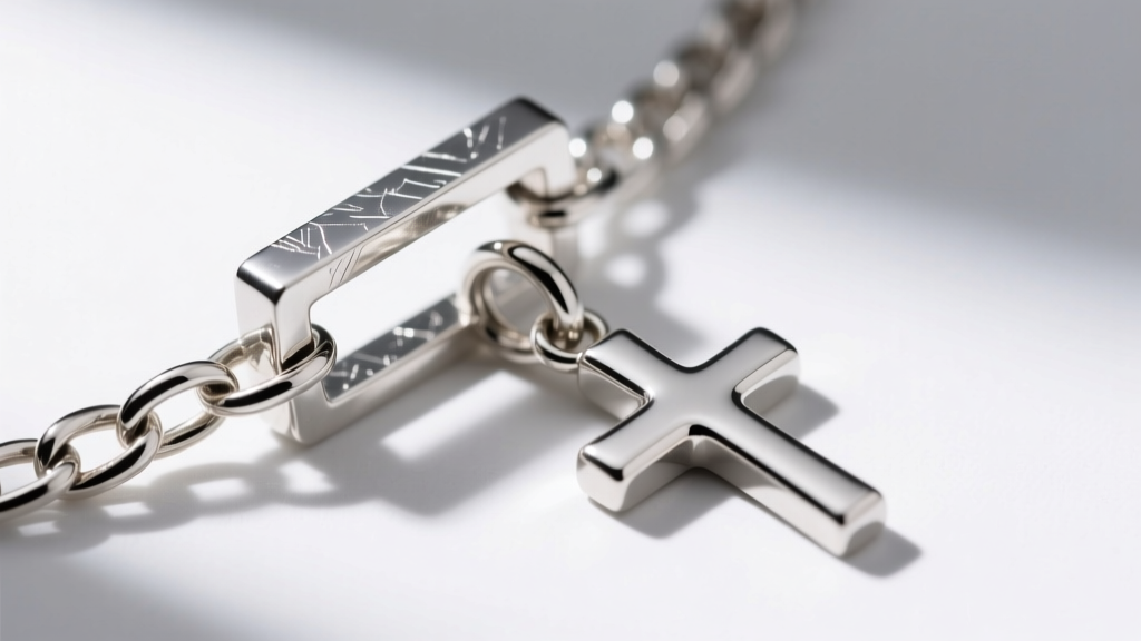 Macro shot of a sterling silver box chain clasp connecting to a small polished cross pendant, highlighting the metal texture.