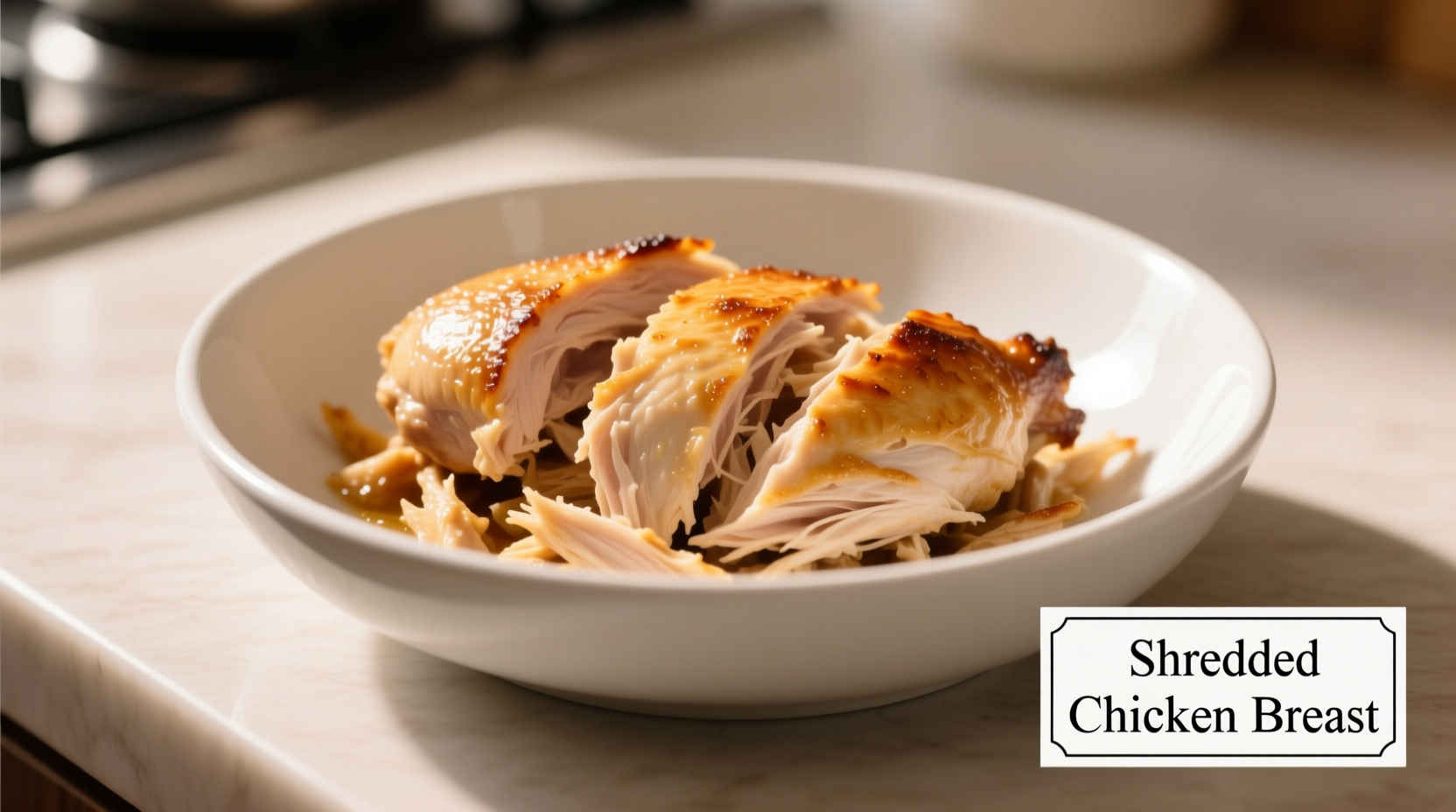 Perfectly cooked shredded chicken breast in bowl