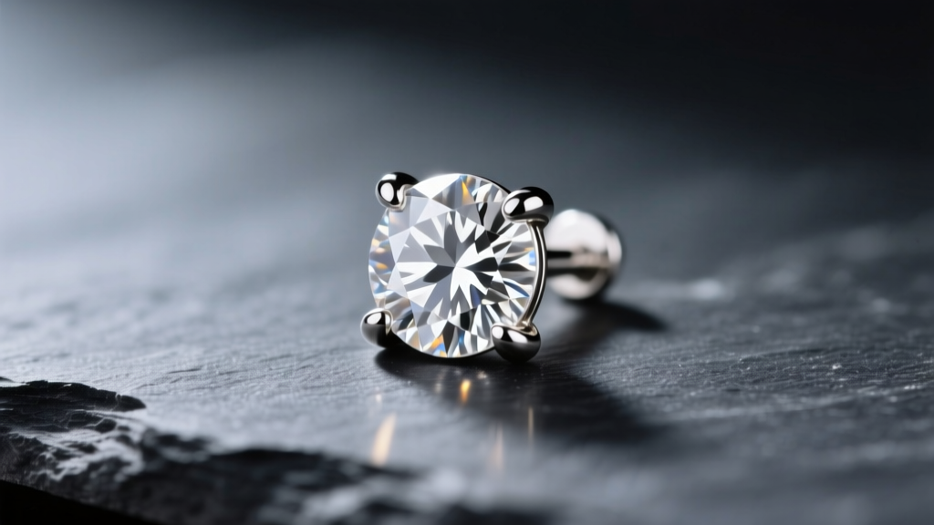 Macro photo of a half carat round brilliant diamond stud earring in a 14k white gold four-prong setting resting on dark slate
