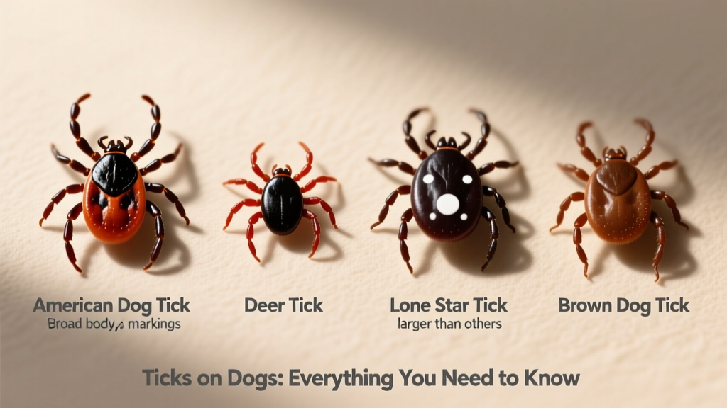 Side-by-side comparison of four common tick types on a neutral background, labeled with names and key identifying features