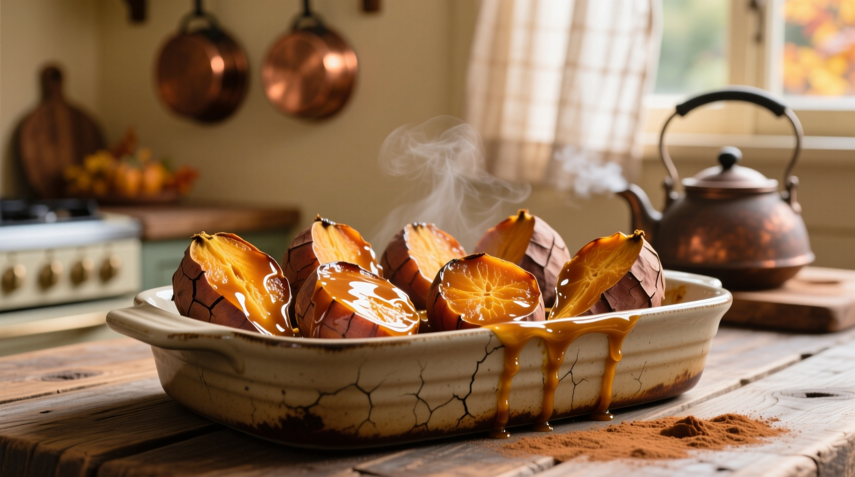 Golden-brown candied yams in baking dish