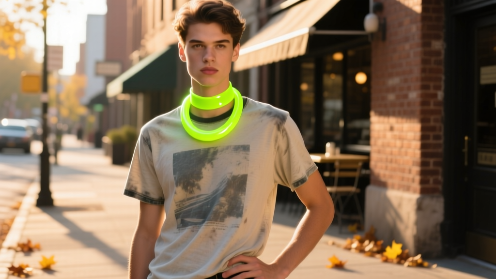 Streetwear model wearing a layered neon silicone rubber band necklace over a vintage faded graphic tee, captured in natural golden hour sunlight.