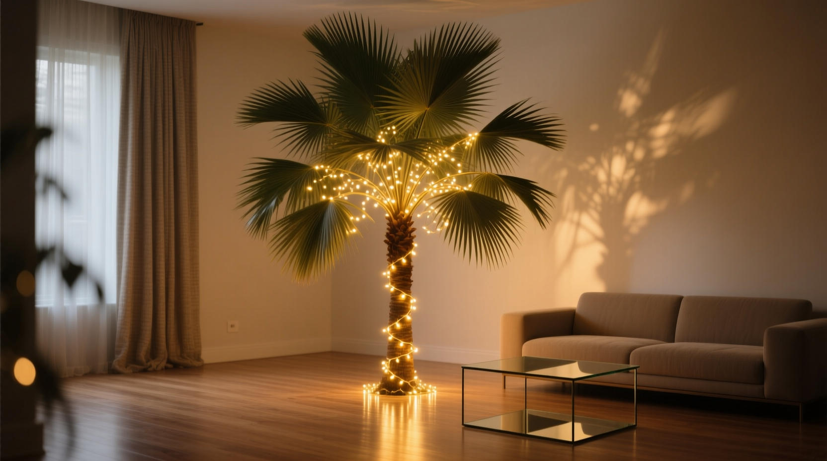 indoor palm tree with lights