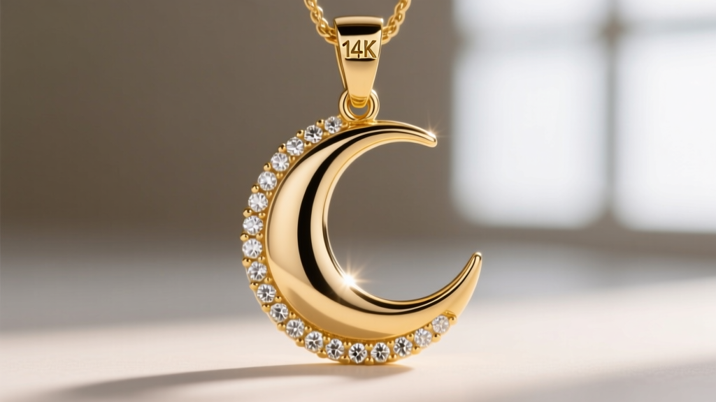 Macro shot of 14k solid gold moon pendant with tiny pave lab-grown diamonds, showing the 14k hallmark stamped clearly on the bail.