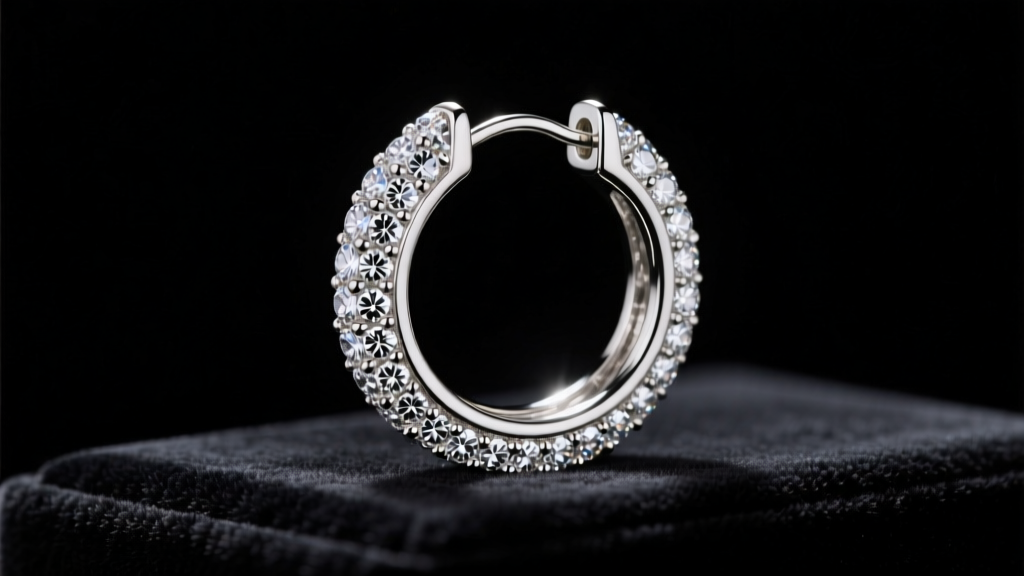 Large inside-out diamond hoop earrings on dark velvet, showing the pave setting and secure hinge clasp under studio lighting.