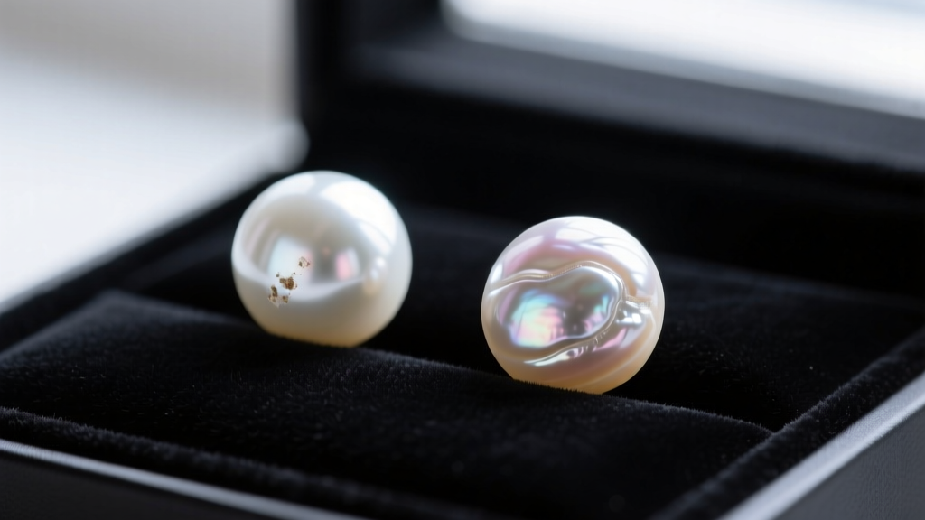 Macro shot comparing a blemished freshwater pearl and a flawless round Akoya pearl side-by-side on a dark velvet display pad.