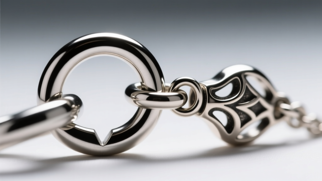 Macro shot of a heavy-duty stainless steel split ring connecting a cosplay pendant bail under bright directional studio lighting