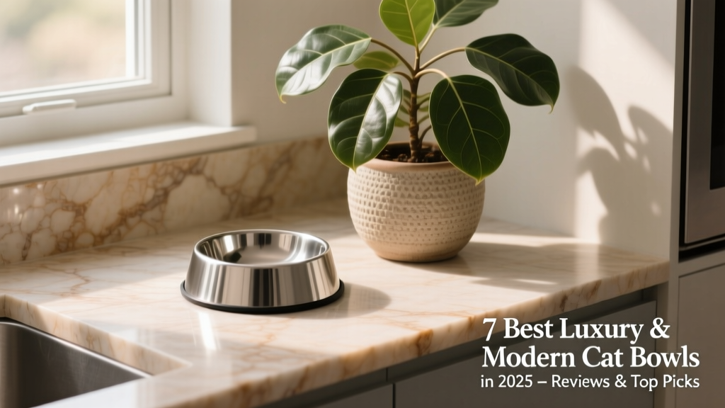 A sleek, minimalist elevated cat bowl set on a modern kitchen counter beside a potted plant