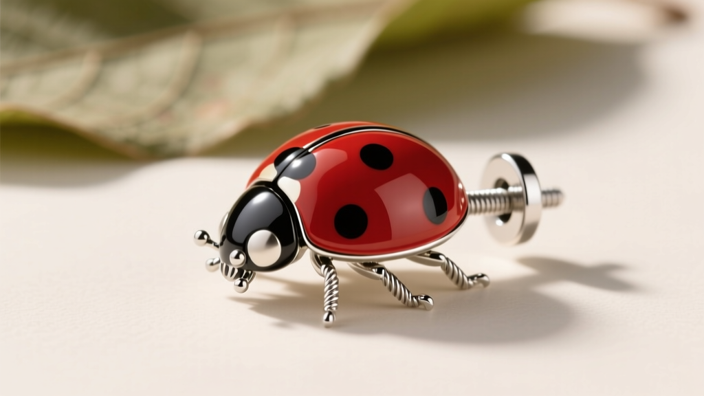 Side profile of a secure screw-back clutch on a ladybug miraculous earring post, highlighting the metal threading mechanism