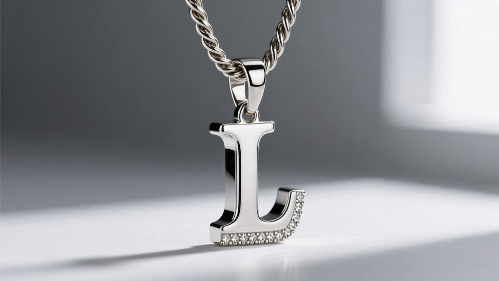 Side profile showing the 5mm depth and diamond-cut bevel edge of a chunky sterling silver initial pendant on a heavy rope chain