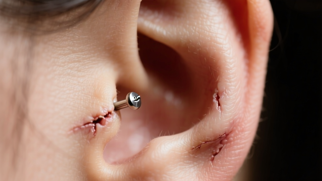 Macro photo of a healed earlobe piercing fistula with a 20-gauge titanium stud, soft lighting highlighting natural skin texture.