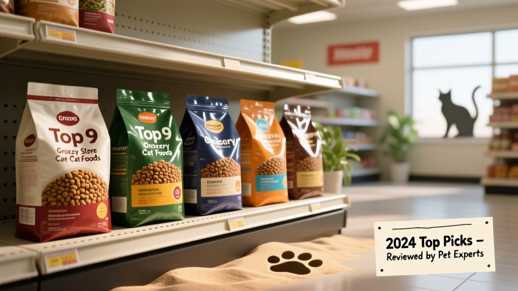 A well-lit shelf in a supermarket showing several bags of dry cat food from popular grocery brands