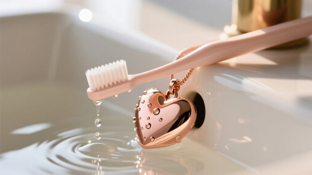 Soft baby-bristle toothbrush gently scrubbing the edge of a rose-gold heart pendant under warm running water in a ceramic sink.
