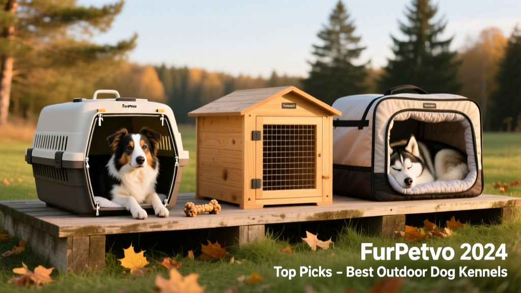 Side-by-side comparison of three FurPetVo kennel models: portable, wooden, and insulated versions
