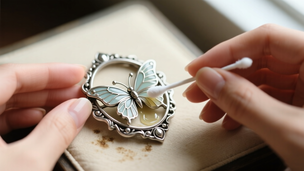 Hands using a cotton swab and mild polish to carefully clean the sterling silver bezel of a vintage butterfly wing brooch on a pad.