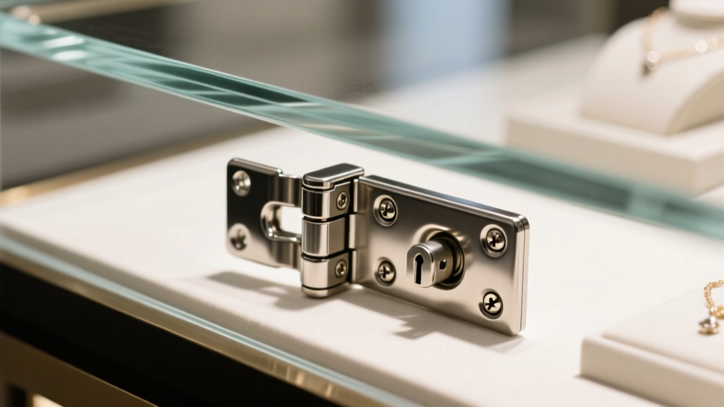 Macro photo of a stainless steel piano hinge and lock mechanism installed on a thick acrylic retail jewelry display case lid edge.