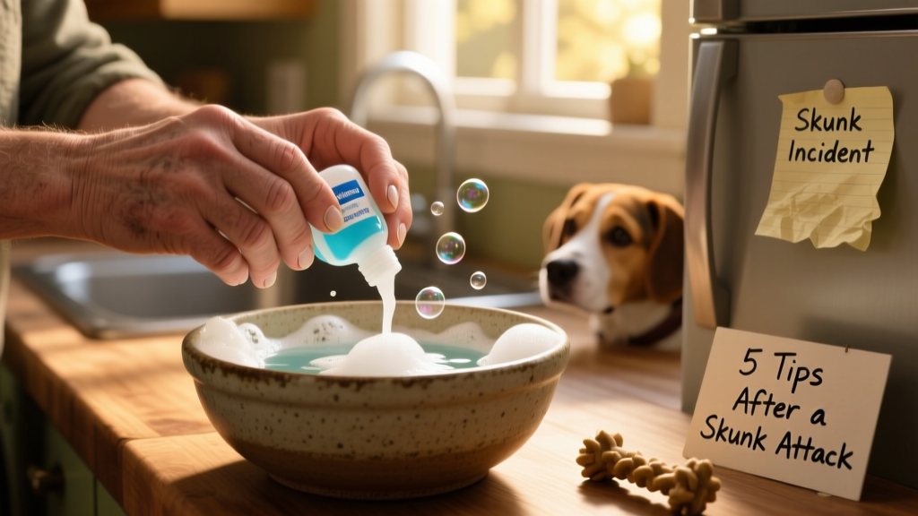 Close-up of hands mixing hydrogen peroxide, baking soda, and dish soap in a bowl for skunk odor removal