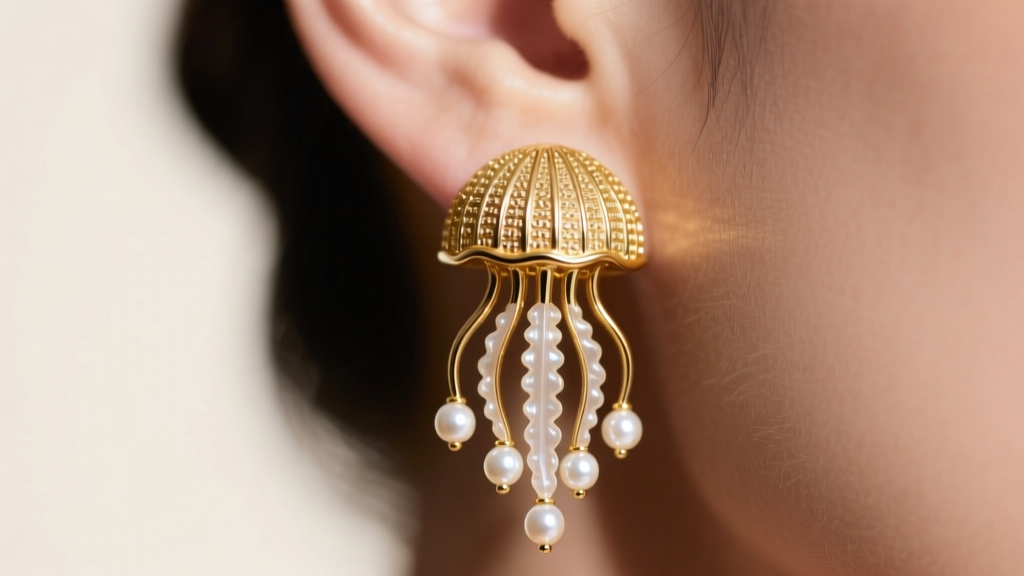 Close-up of 14k gold jellyfish earring on ear, showing textured dome bell with dangling pearl tentacles under soft studio light.