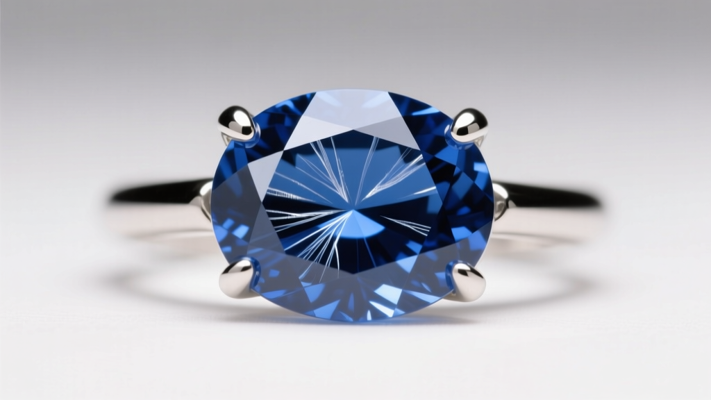 Macro shot of a 2-carat oval blue sapphire in a platinum bezel, showing internal rutile silk inclusions under bright studio light