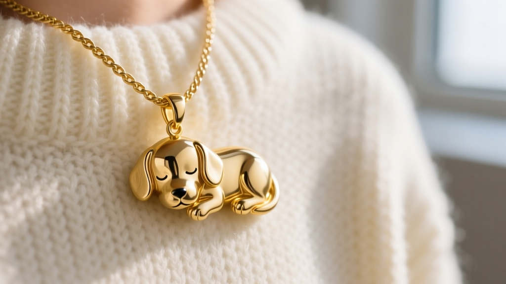 Close-up of a solid 14k gold pendant shaped like a sleeping puppy on a delicate cable chain resting on a cream knit sweater