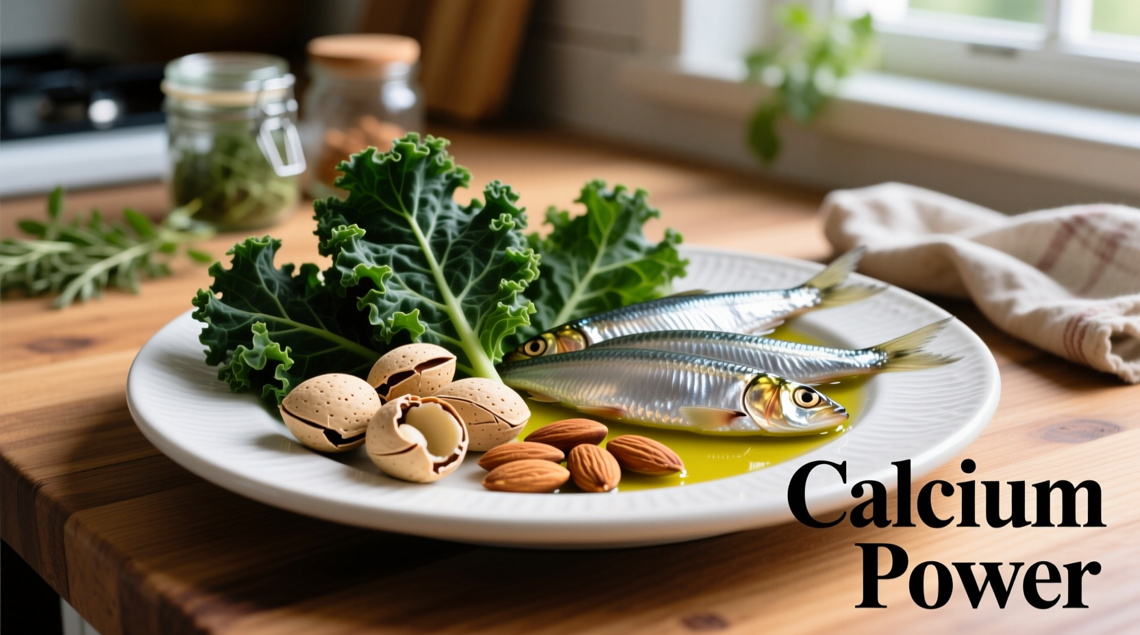 Colorful plate of calcium-rich foods including kale, sardines, and almonds